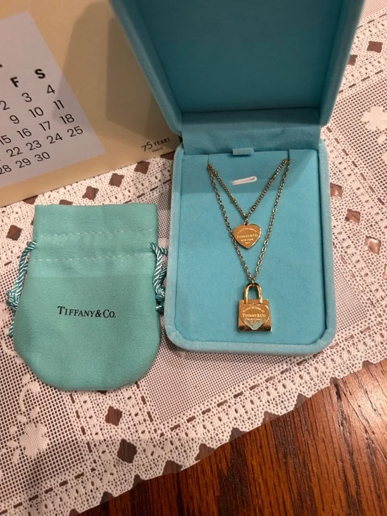 Tiffany & Co. Gold Heart and Padlock Layered Necklace with Blue Accents - Picture 2 of 4